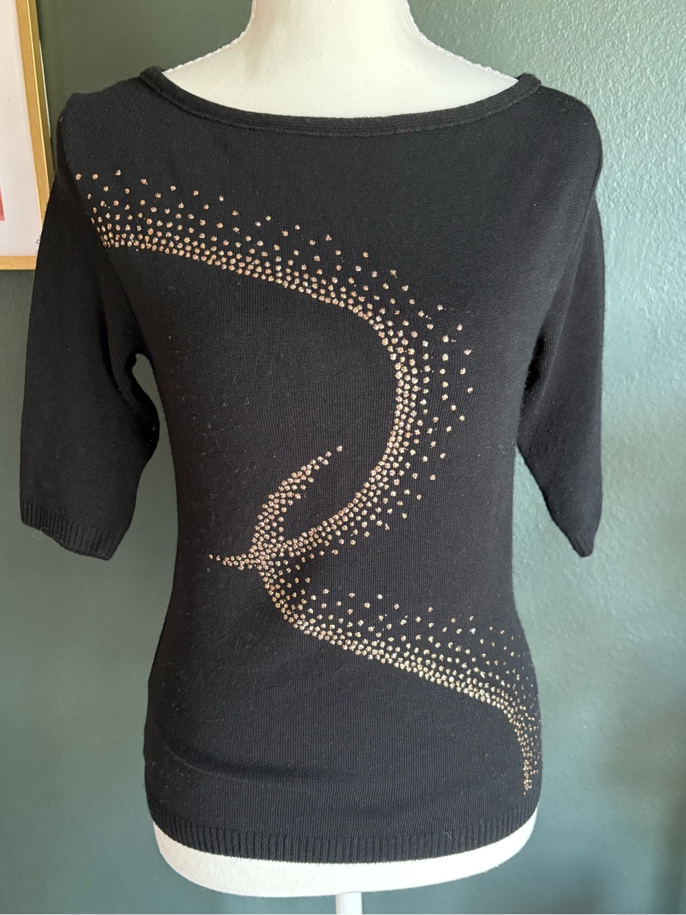 VTG 90s I.N. San Francisco Black Rhinestone Knit Top Made USA Large